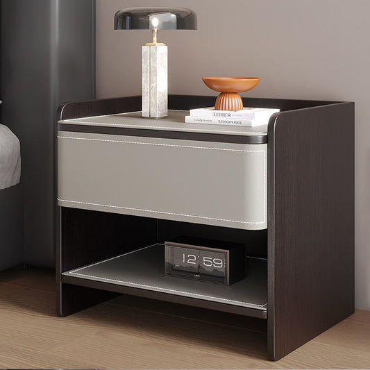 Contemporary Coastal Rectangular Solid Wood Faux Saddle Leather Nightstand 1-Drawer For Bedroom