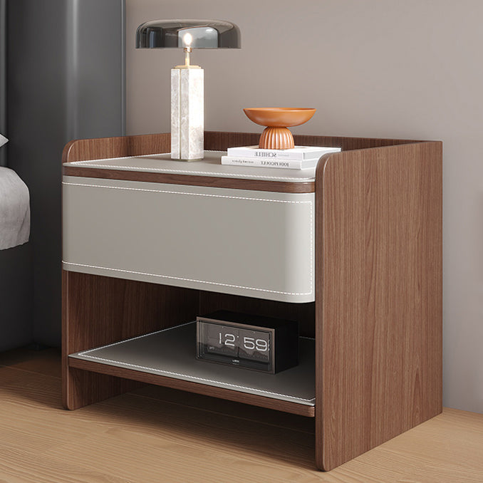 Contemporary Coastal Rectangular Solid Wood Faux Saddle Leather Nightstand 1-Drawer For Bedroom