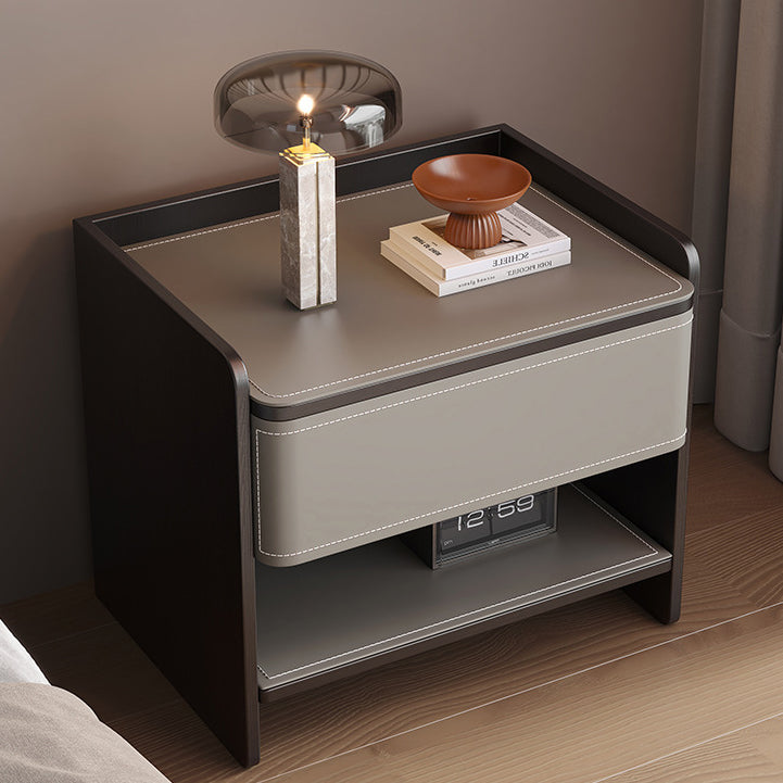 Contemporary Coastal Rectangular Solid Wood Faux Saddle Leather Nightstand 1-Drawer For Bedroom