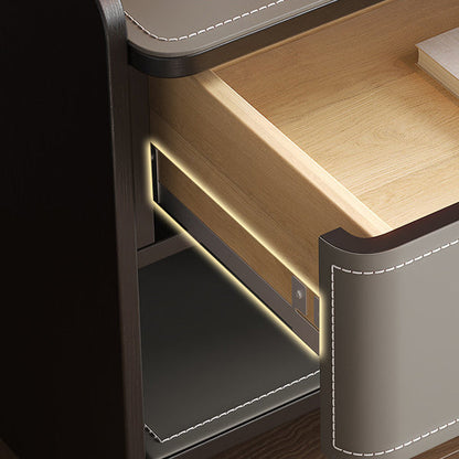 Contemporary Coastal Rectangular Solid Wood Faux Saddle Leather Nightstand 1-Drawer For Bedroom
