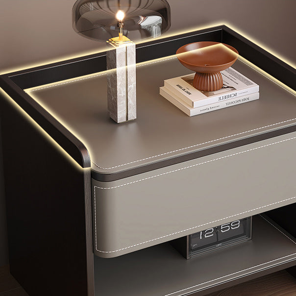 Contemporary Coastal Rectangular Solid Wood Faux Saddle Leather Nightstand 1-Drawer For Bedroom