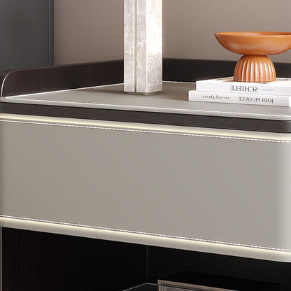 Contemporary Coastal Rectangular Solid Wood Faux Saddle Leather Nightstand 1-Drawer For Bedroom