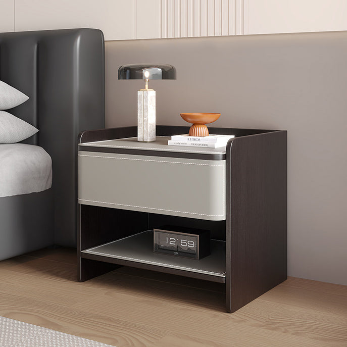 Contemporary Coastal Rectangular Solid Wood Faux Saddle Leather Nightstand 1-Drawer For Bedroom
