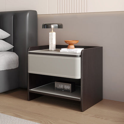 Contemporary Coastal Rectangular Solid Wood Faux Saddle Leather Nightstand 1-Drawer For Bedroom