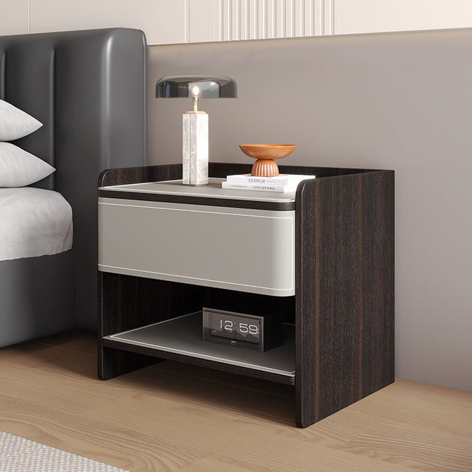 Contemporary Coastal Rectangular Solid Wood Faux Saddle Leather Nightstand 1-Drawer For Bedroom