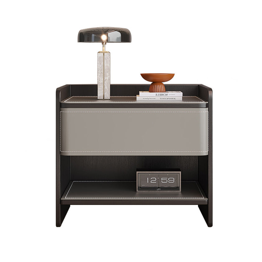 Contemporary Coastal Rectangular Solid Wood Faux Saddle Leather Nightstand 1-Drawer For Bedroom