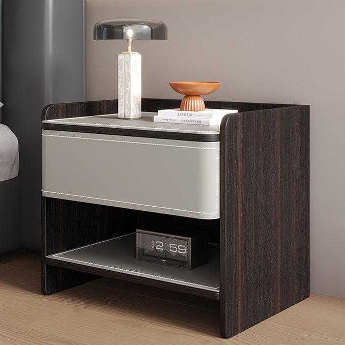 Contemporary Coastal Rectangular Solid Wood Faux Saddle Leather Nightstand 1-Drawer For Bedroom