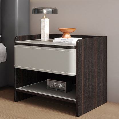 Contemporary Coastal Rectangular Solid Wood Faux Saddle Leather Nightstand 1-Drawer For Bedroom