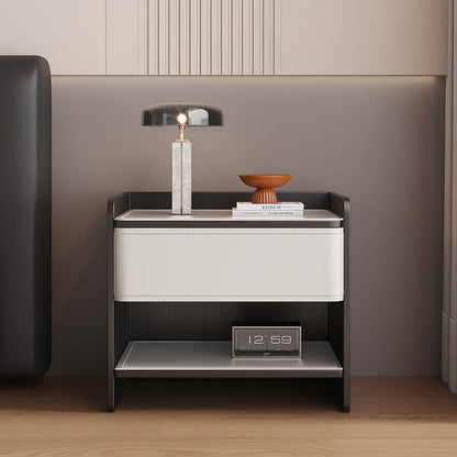 Contemporary Coastal Rectangular Solid Wood Faux Saddle Leather Nightstand 1-Drawer For Bedroom