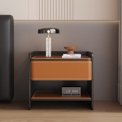 Contemporary Coastal Rectangular Solid Wood Faux Saddle Leather Nightstand 1-Drawer For Bedroom