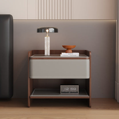 Contemporary Coastal Rectangular Solid Wood Faux Saddle Leather Nightstand 1-Drawer For Bedroom