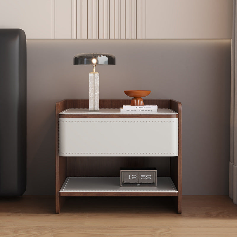 Contemporary Coastal Rectangular Solid Wood Faux Saddle Leather Nightstand 1-Drawer For Bedroom