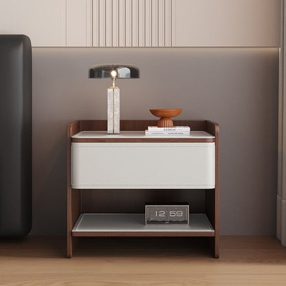 Contemporary Coastal Rectangular Solid Wood Faux Saddle Leather Nightstand 1-Drawer For Bedroom