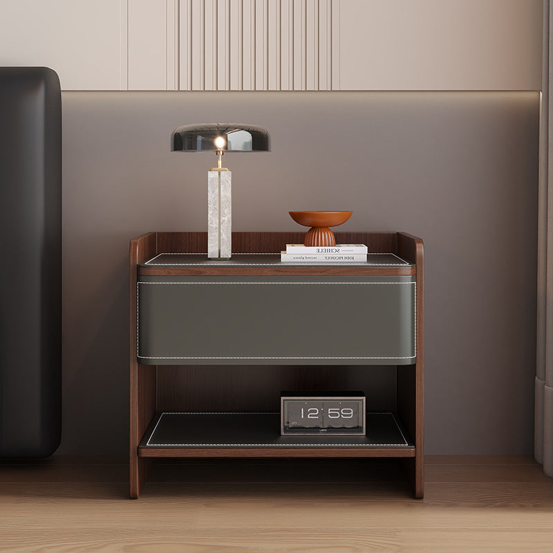 Contemporary Coastal Rectangular Solid Wood Faux Saddle Leather Nightstand 1-Drawer For Bedroom