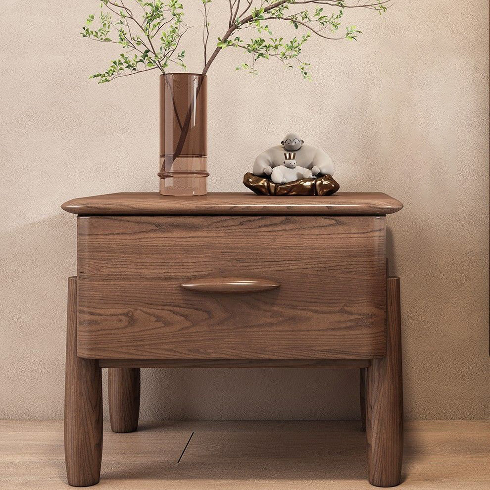 Modern Mid-Century Rectangular Tabletop Ash Wood Nightstand 1-Drawer For Bedroom