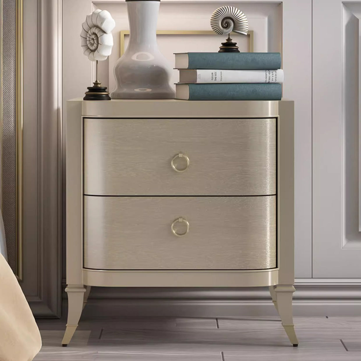 Contemporary Boho Rectangular Tabletop Solid Wood Copper Nightstand 2-Drawer For Bedroom