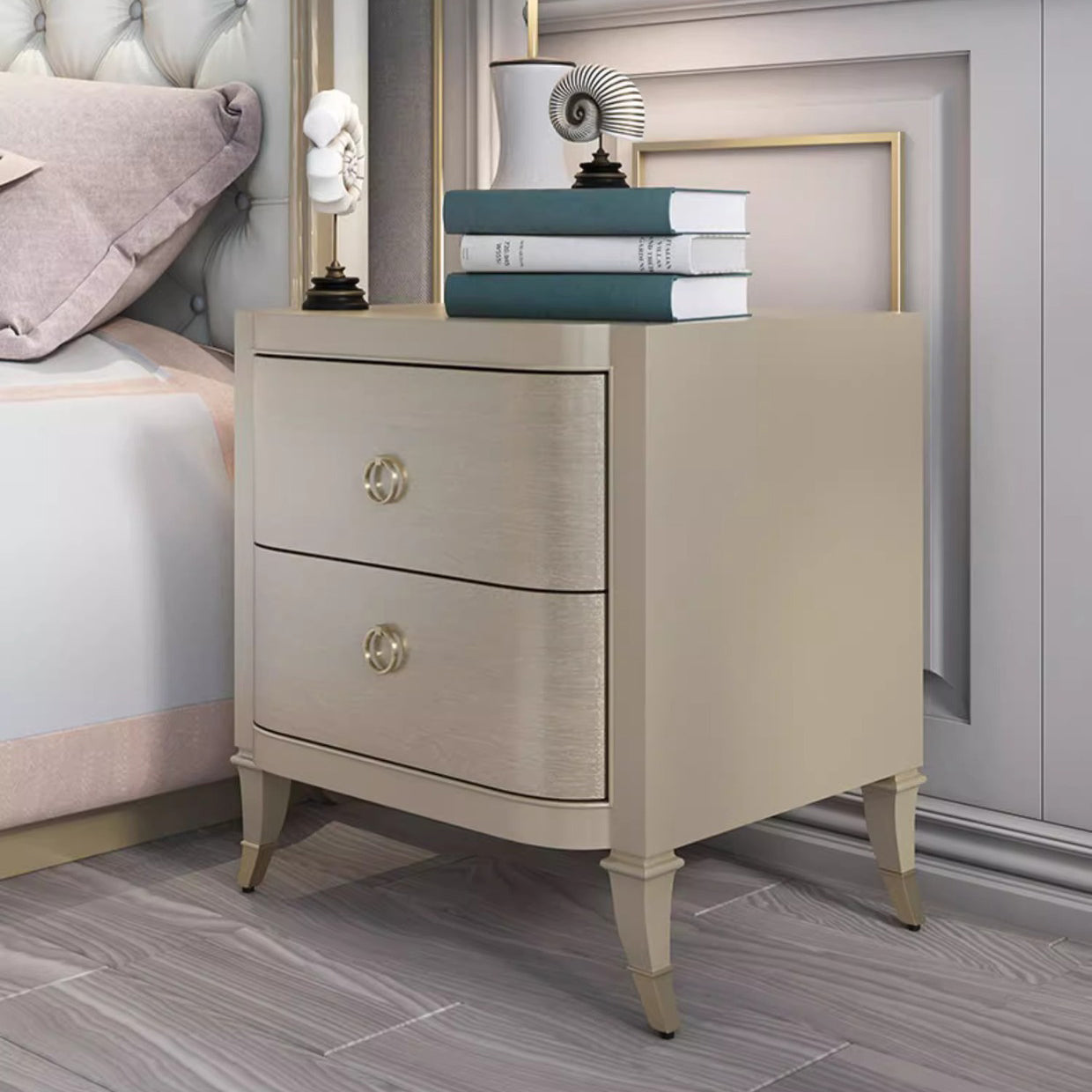 Contemporary Boho Rectangular Tabletop Solid Wood Copper Nightstand 2-Drawer For Bedroom