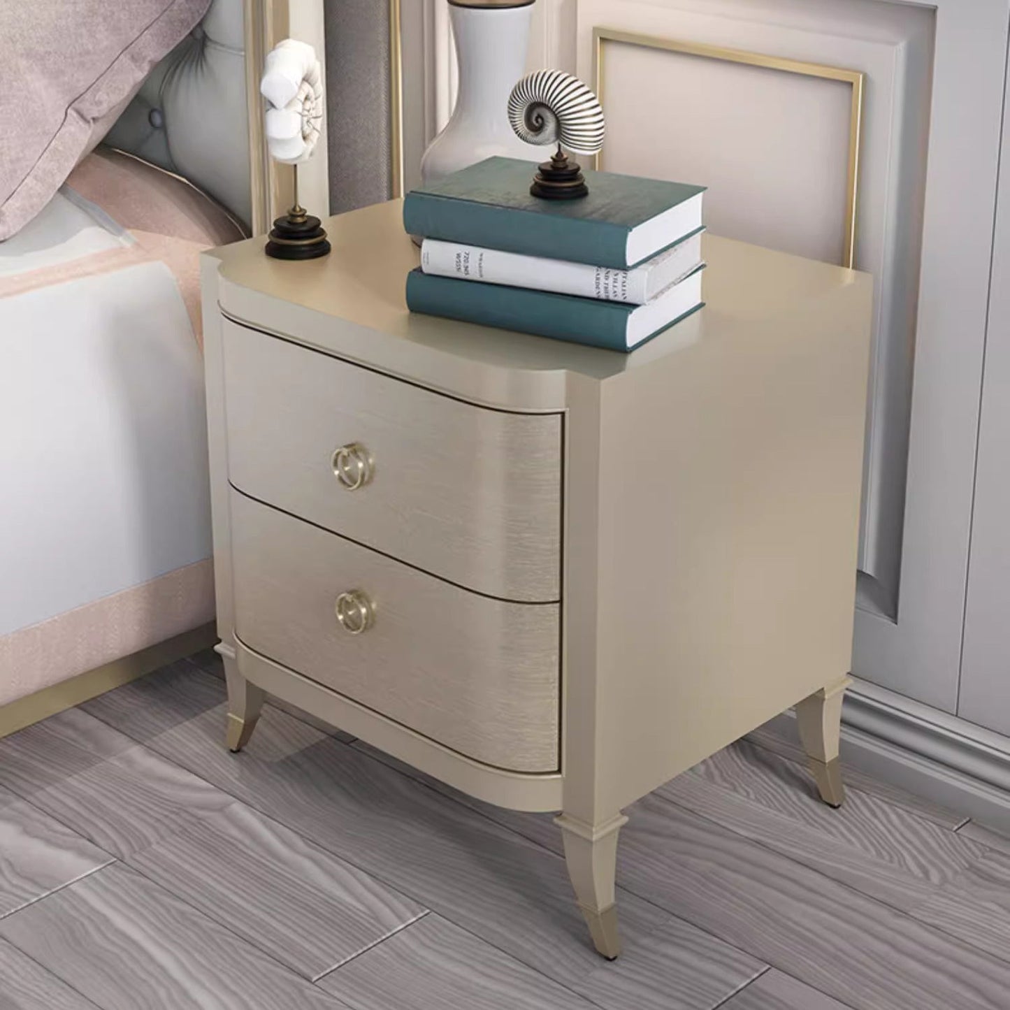 Contemporary Boho Rectangular Tabletop Solid Wood Copper Nightstand 2-Drawer For Bedroom