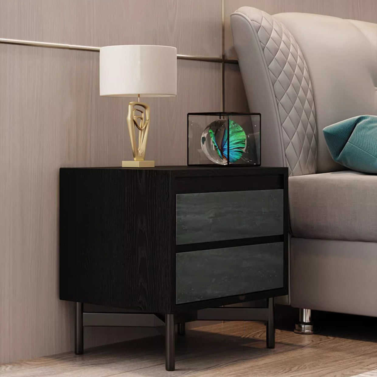 Modern Shabby Chic Removable Rectangular Tabletop Solid Wood Copper Carbon Steel Nightstand 2-Drawer For Bedroom