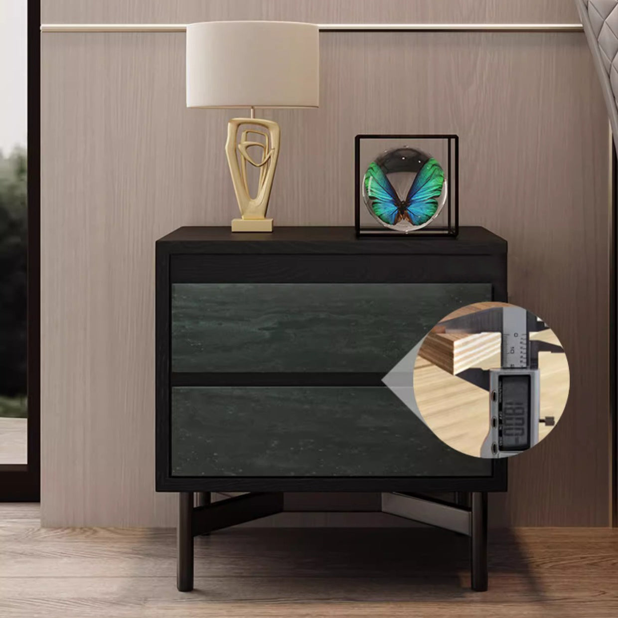 Modern Shabby Chic Removable Rectangular Tabletop Solid Wood Copper Carbon Steel Nightstand 2-Drawer For Bedroom