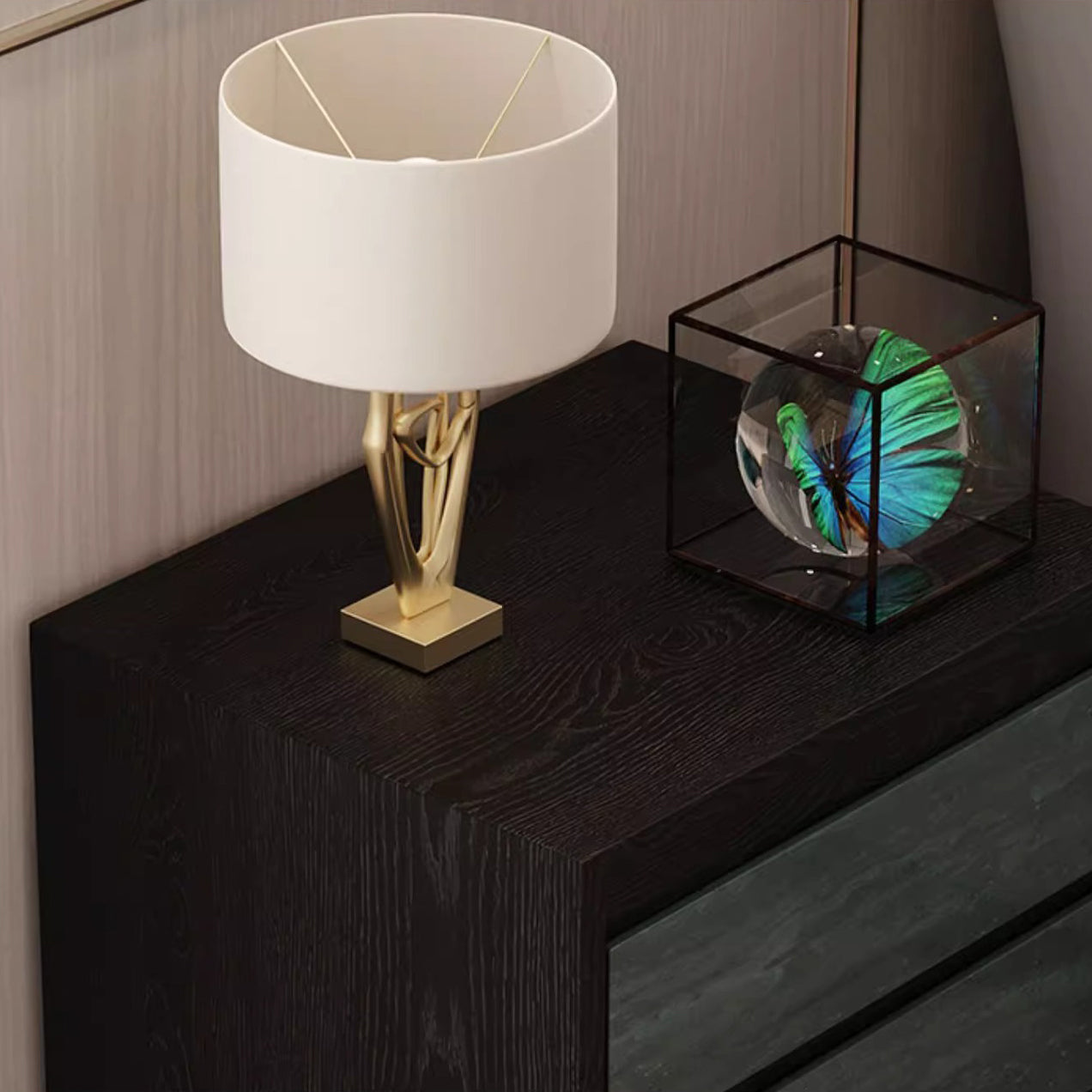 Modern Shabby Chic Removable Rectangular Tabletop Solid Wood Copper Carbon Steel Nightstand 2-Drawer For Bedroom