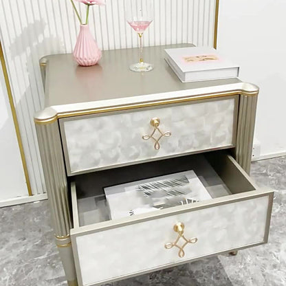 Modern Luxury Champagne Gold Rectangular Tabletop Solid Wood Metal Shell 2-Drawer For Bedroom