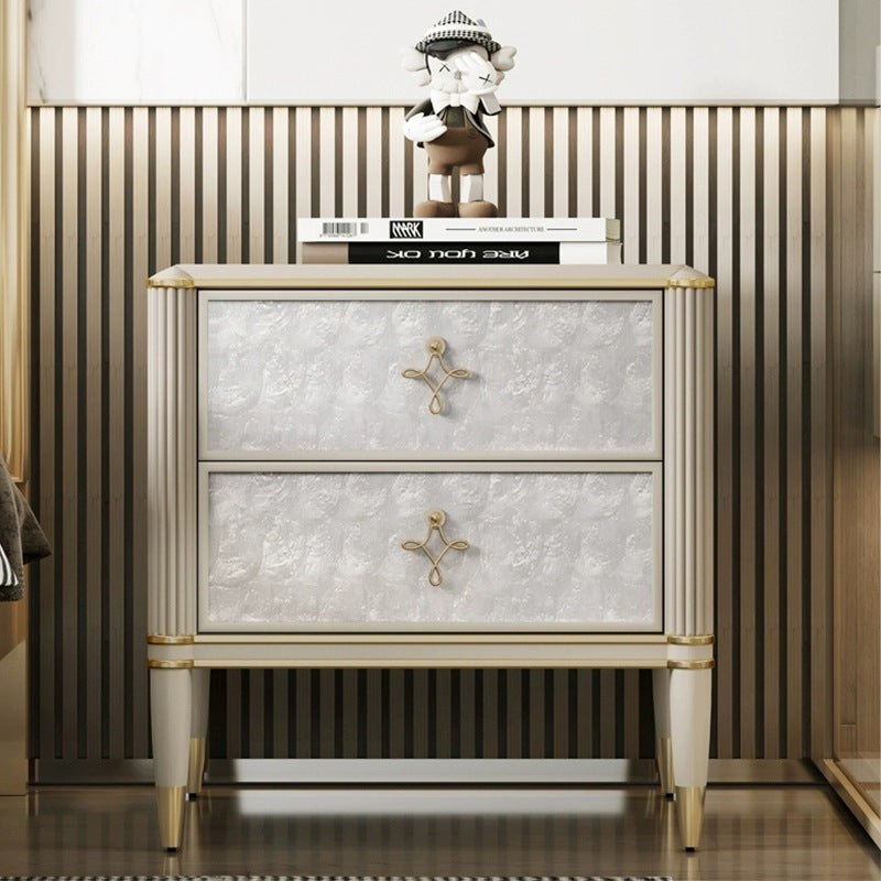 Modern Luxury Champagne Gold Rectangular Tabletop Solid Wood Metal Shell 2-Drawer For Bedroom