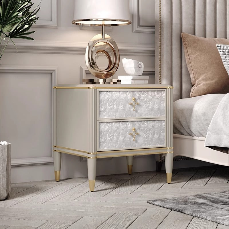 Modern Luxury Champagne Gold Rectangular Tabletop Solid Wood Metal Shell 2-Drawer For Bedroom