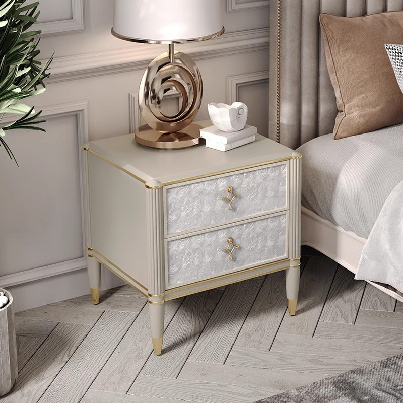 Modern Luxury Champagne Gold Rectangular Tabletop Solid Wood Metal Shell 2-Drawer For Bedroom