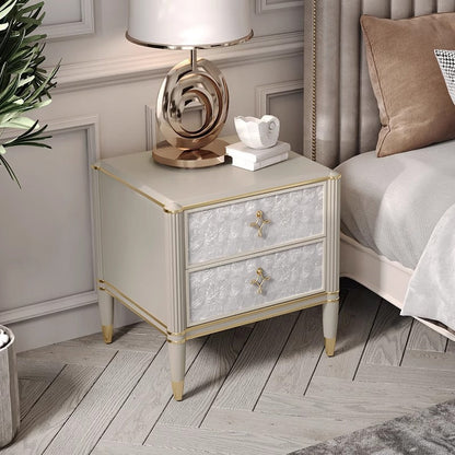 Modern Luxury Champagne Gold Rectangular Tabletop Solid Wood Metal Shell 2-Drawer For Bedroom