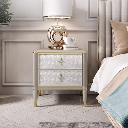 Modern Luxury Champagne Gold Rectangular Tabletop Solid Wood Metal Shell 2-Drawer For Bedroom