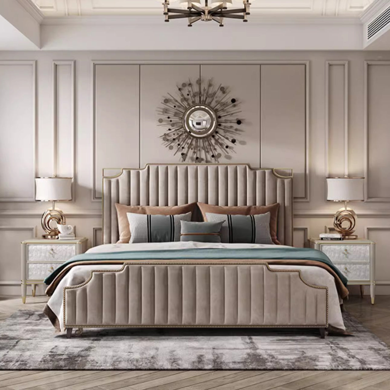 Modern Luxury Champagne Gold Rectangular Tabletop Solid Wood Metal Shell 2-Drawer For Bedroom