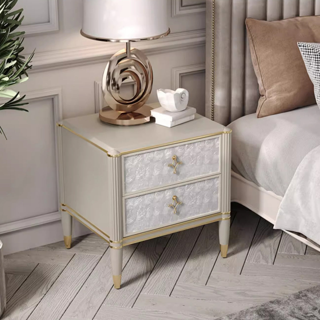 Modern Luxury Champagne Gold Rectangular Tabletop Solid Wood Metal Shell 2-Drawer For Bedroom