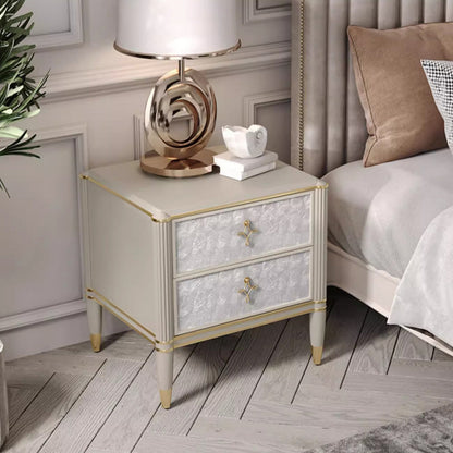 Modern Luxury Champagne Gold Rectangular Tabletop Solid Wood Metal Shell 2-Drawer For Bedroom