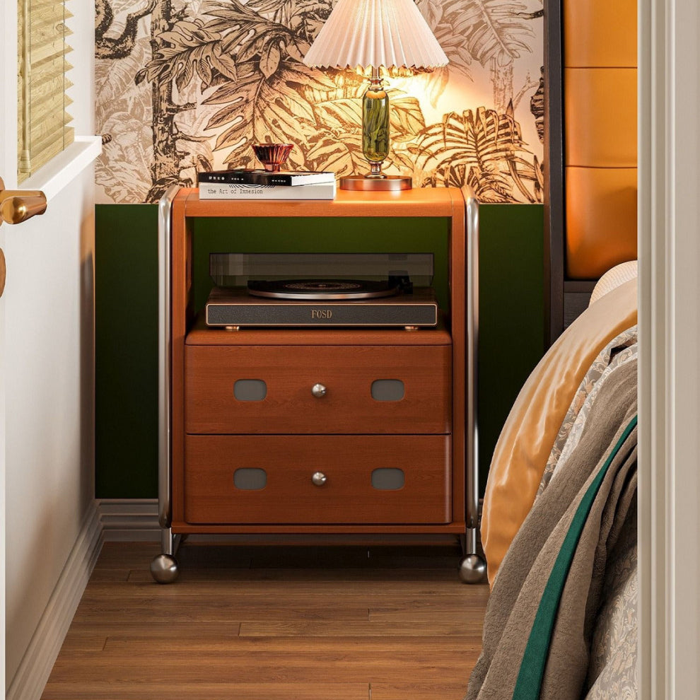 Modern Mid-Century Romantic Rectangular Tabletop Solid Wood Stainless Steel Nightstand 2-Drawer For Bedroom