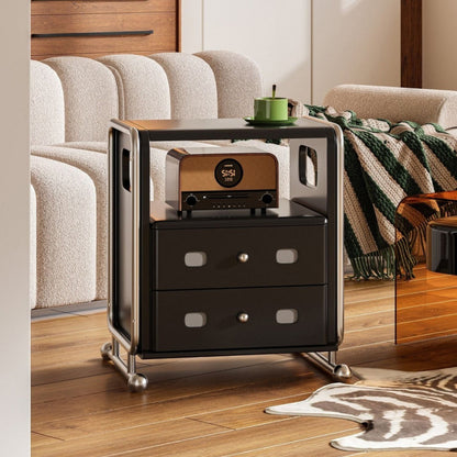 Modern Mid-Century Romantic Rectangular Tabletop Solid Wood Stainless Steel Nightstand 2-Drawer For Bedroom