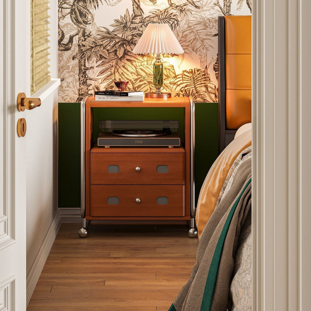 Modern Mid-Century Romantic Rectangular Tabletop Solid Wood Stainless Steel Nightstand 2-Drawer For Bedroom