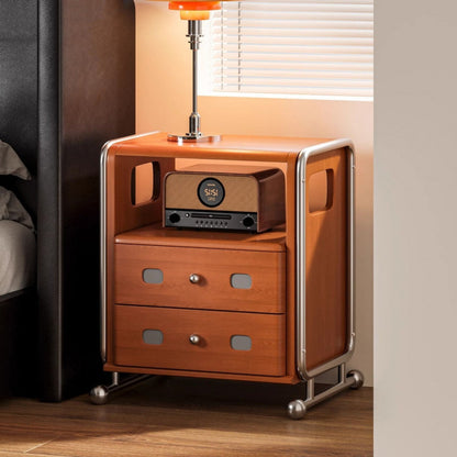 Modern Mid-Century Romantic Rectangular Tabletop Solid Wood Stainless Steel Nightstand 2-Drawer For Bedroom