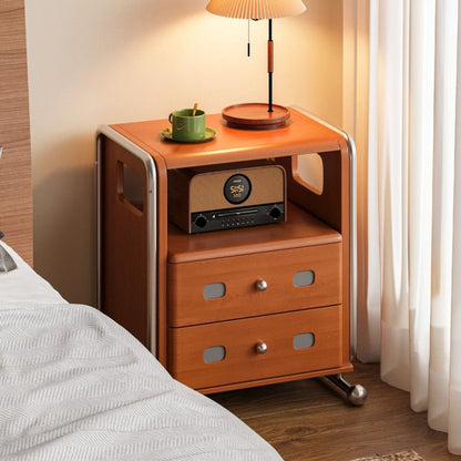Modern Mid-Century Romantic Rectangular Tabletop Solid Wood Stainless Steel Nightstand 2-Drawer For Bedroom