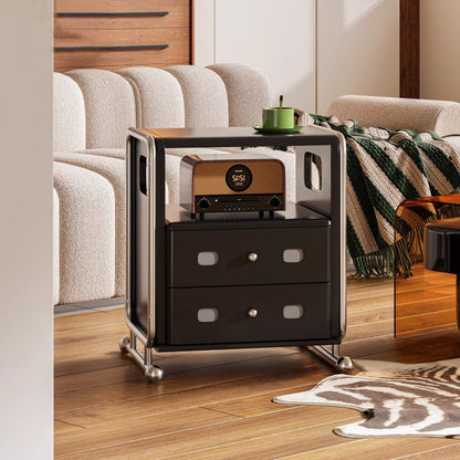 Modern Mid-Century Romantic Rectangular Tabletop Solid Wood Stainless Steel Nightstand 2-Drawer For Bedroom