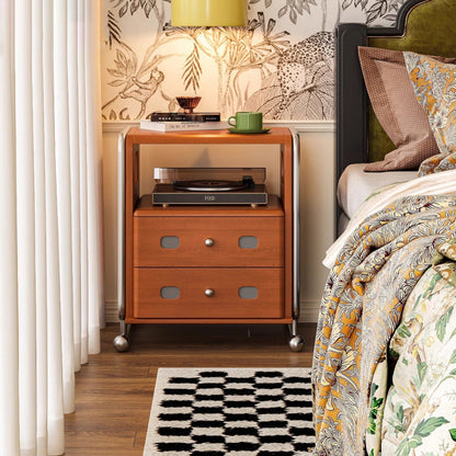 Modern Mid-Century Romantic Rectangular Tabletop Solid Wood Stainless Steel Nightstand 2-Drawer For Bedroom