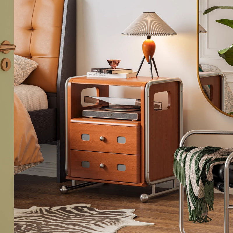 Modern Mid-Century Romantic Rectangular Tabletop Solid Wood Stainless Steel Nightstand 2-Drawer For Bedroom
