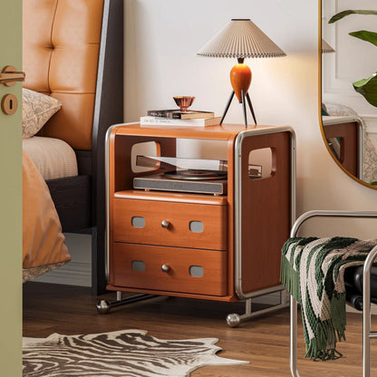 Modern Mid-Century Romantic Rectangular Tabletop Solid Wood Stainless Steel Nightstand 2-Drawer For Bedroom