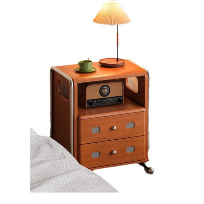 Modern Mid-Century Romantic Rectangular Tabletop Solid Wood Stainless Steel Nightstand 2-Drawer For Bedroom
