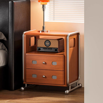 Modern Mid-Century Romantic Rectangular Tabletop Solid Wood Stainless Steel Nightstand 2-Drawer For Bedroom