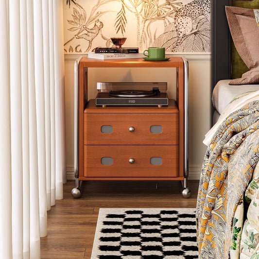 Modern Mid-Century Romantic Rectangular Tabletop Solid Wood Stainless Steel Nightstand 2-Drawer For Bedroom