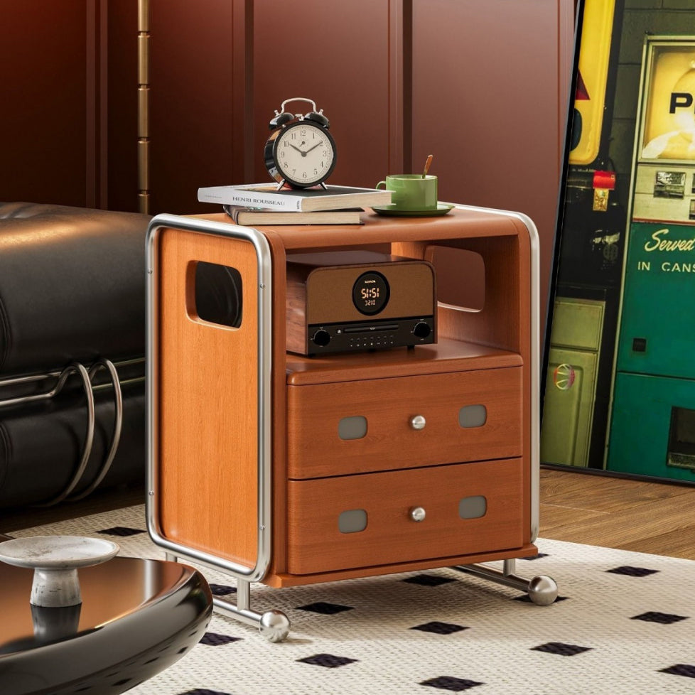 Modern Mid-Century Romantic Rectangular Tabletop Solid Wood Stainless Steel Nightstand 2-Drawer For Bedroom