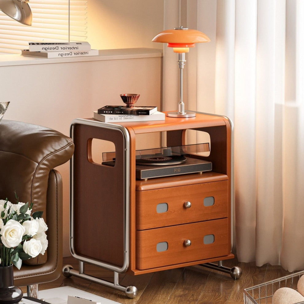 Modern Mid-Century Romantic Rectangular Tabletop Solid Wood Stainless Steel Nightstand 2-Drawer For Bedroom