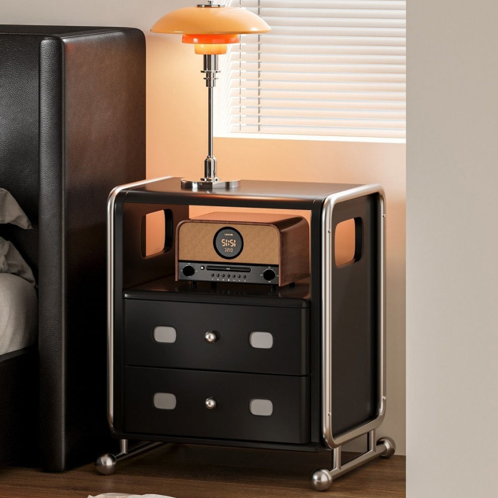 Modern Mid-Century Romantic Rectangular Tabletop Solid Wood Stainless Steel Nightstand 2-Drawer For Bedroom