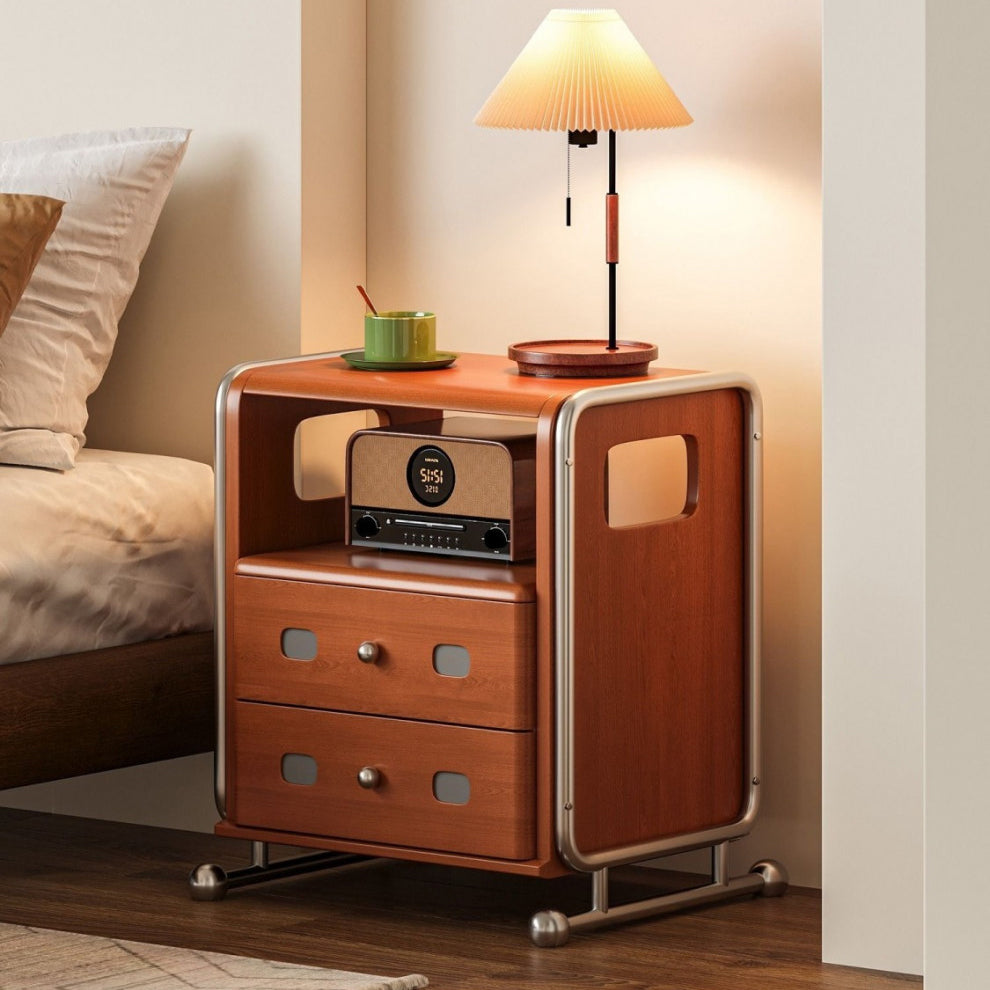 Modern Mid-Century Romantic Rectangular Tabletop Solid Wood Stainless Steel Nightstand 2-Drawer For Bedroom